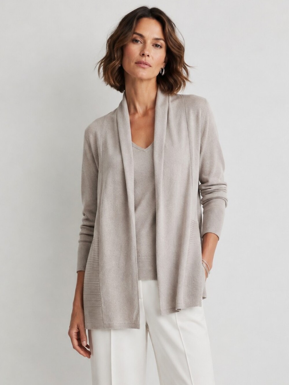 Tahari Pure Luxe Beige Cashmere Open Cardigan Sweater